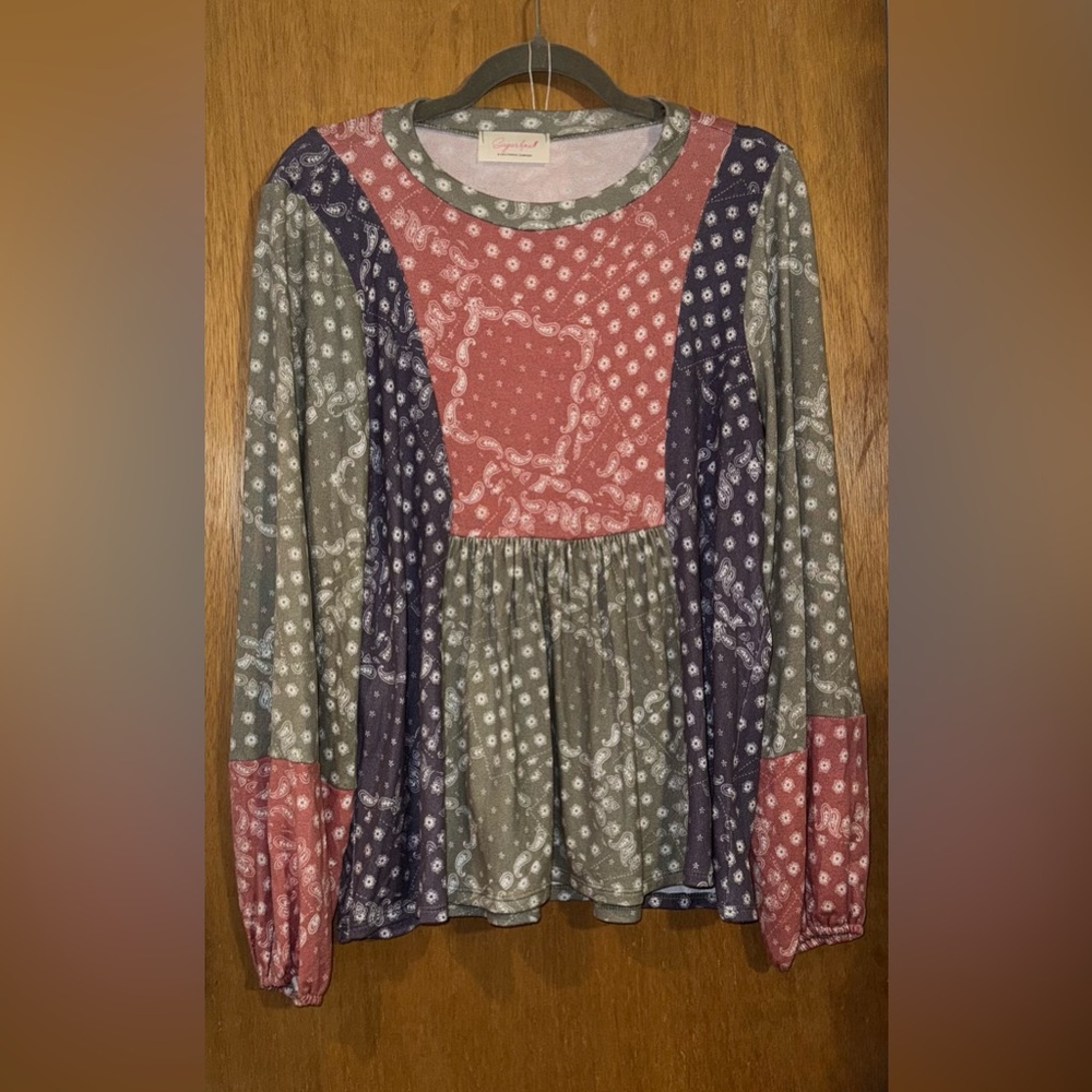Sugarfox Patchwork Long Sleeve Top, Size S/M